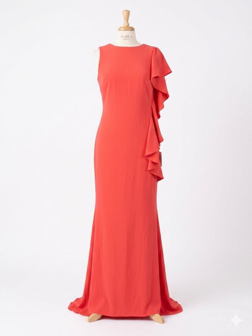 Badgley Mischka Coral Pink Dramatic Cascade Ruffle Backless Evening Gown 12